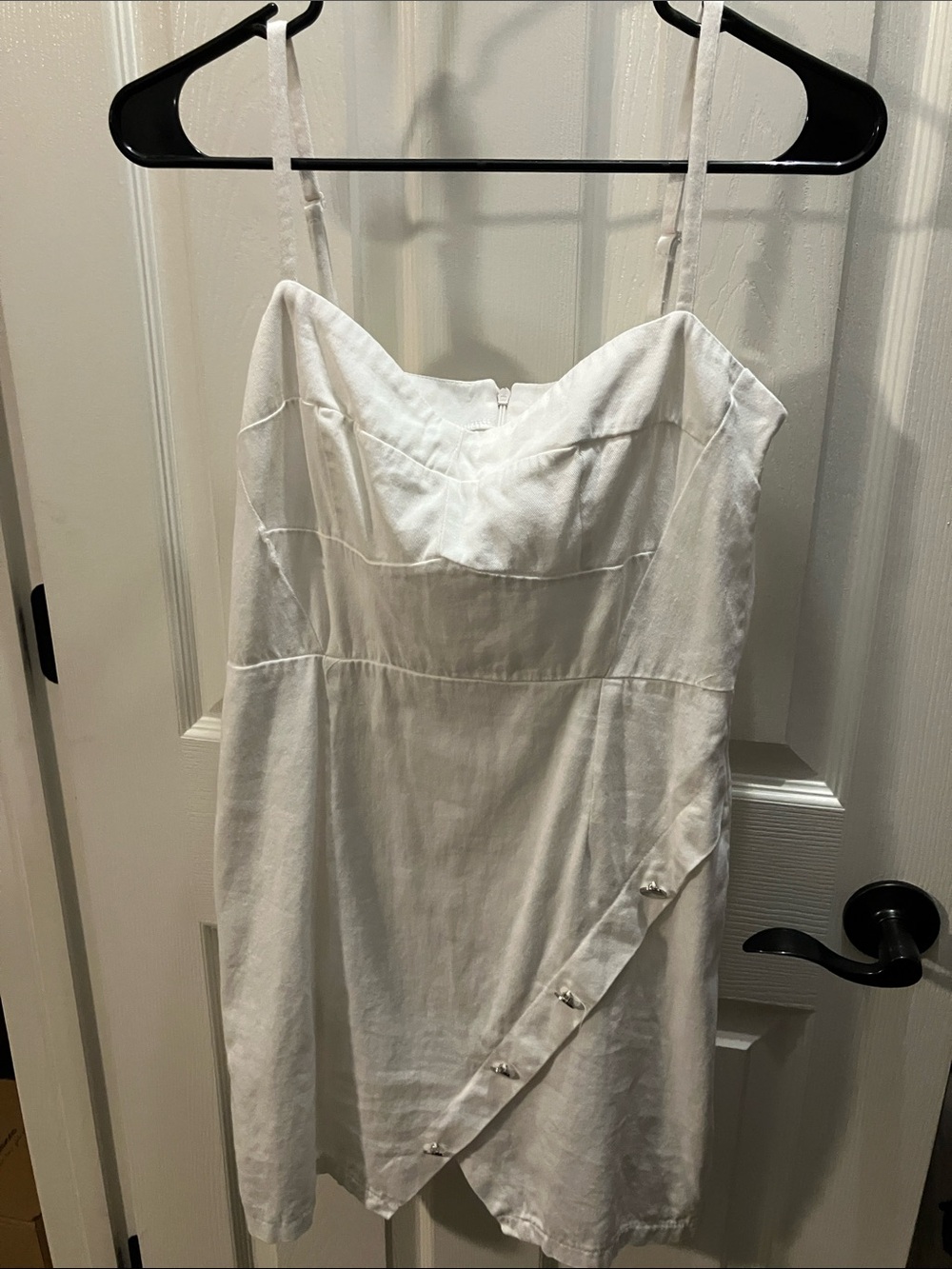 Trendyol White Spaghetti-Strap Mini Dress with Asymmetric Button Trim